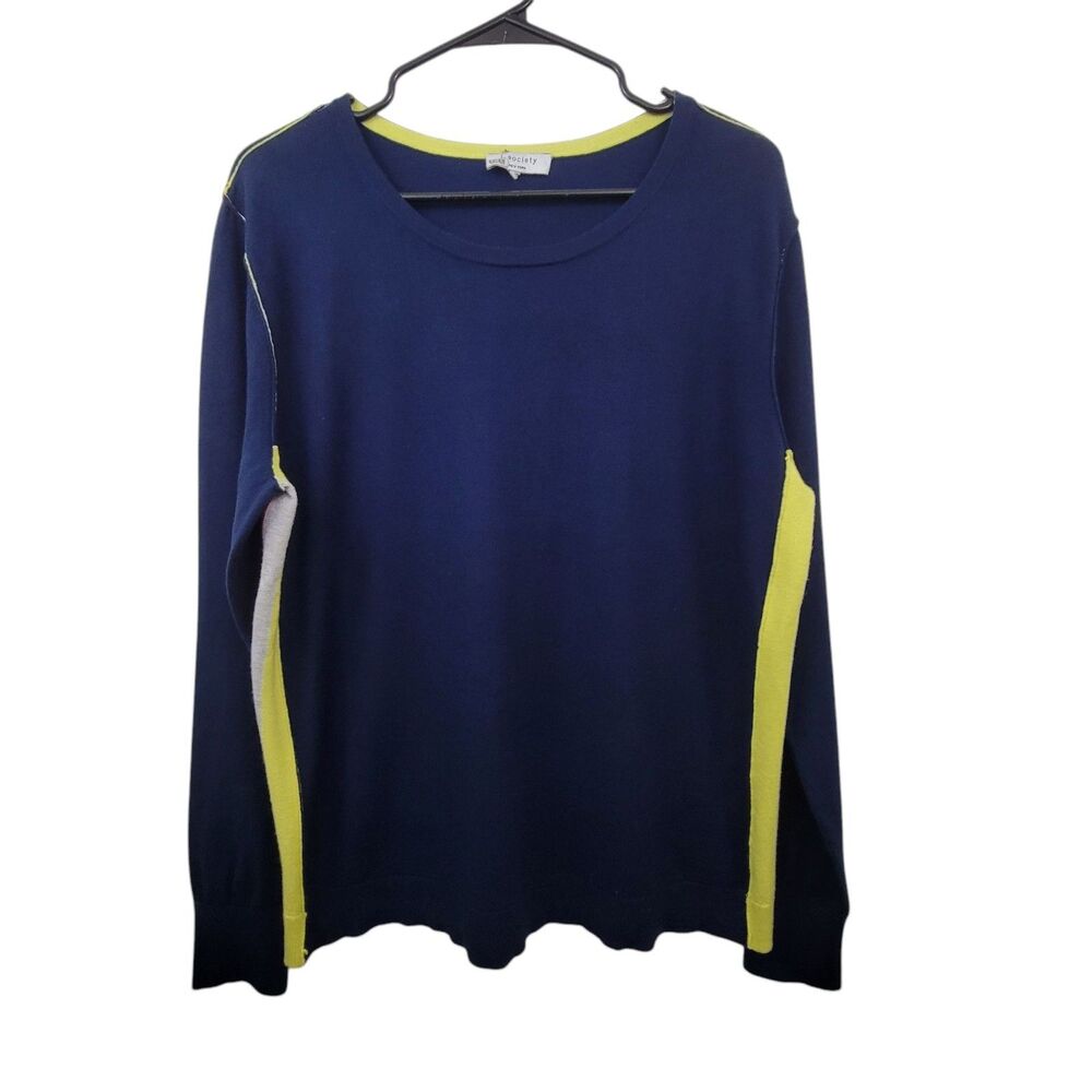 J Society Pullover Blue Sweater With Stipes Down The Side And Yellow At Shoulder